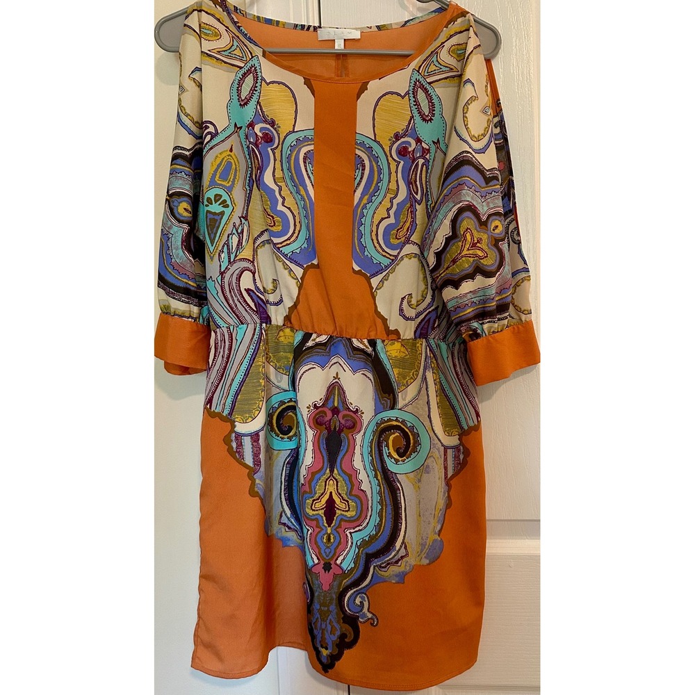 Glam Orange Paisley Print Cold Shoulder Dress Small Mini Made‎ In USA